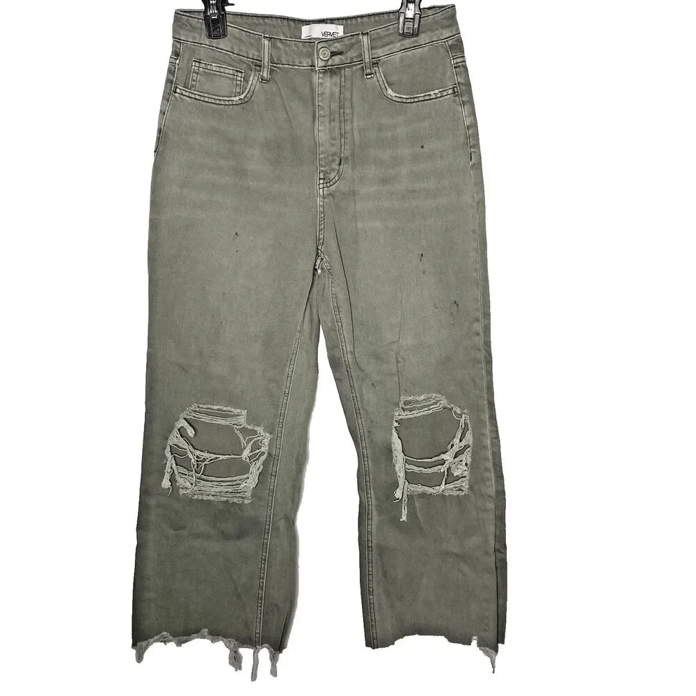 Vervet Flying Monkey Gray Cropped Jeans Womens 29 8 Wide Leg High Rise Destroyed